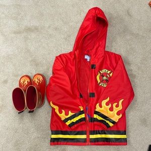 Toddler Stephen Joseph fire chief rain jacket size 4/5 and rain boots sz 9